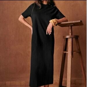 Sezane Paris Emy Dress Midi Gold Button Shoulder Cotton Dress. Designer